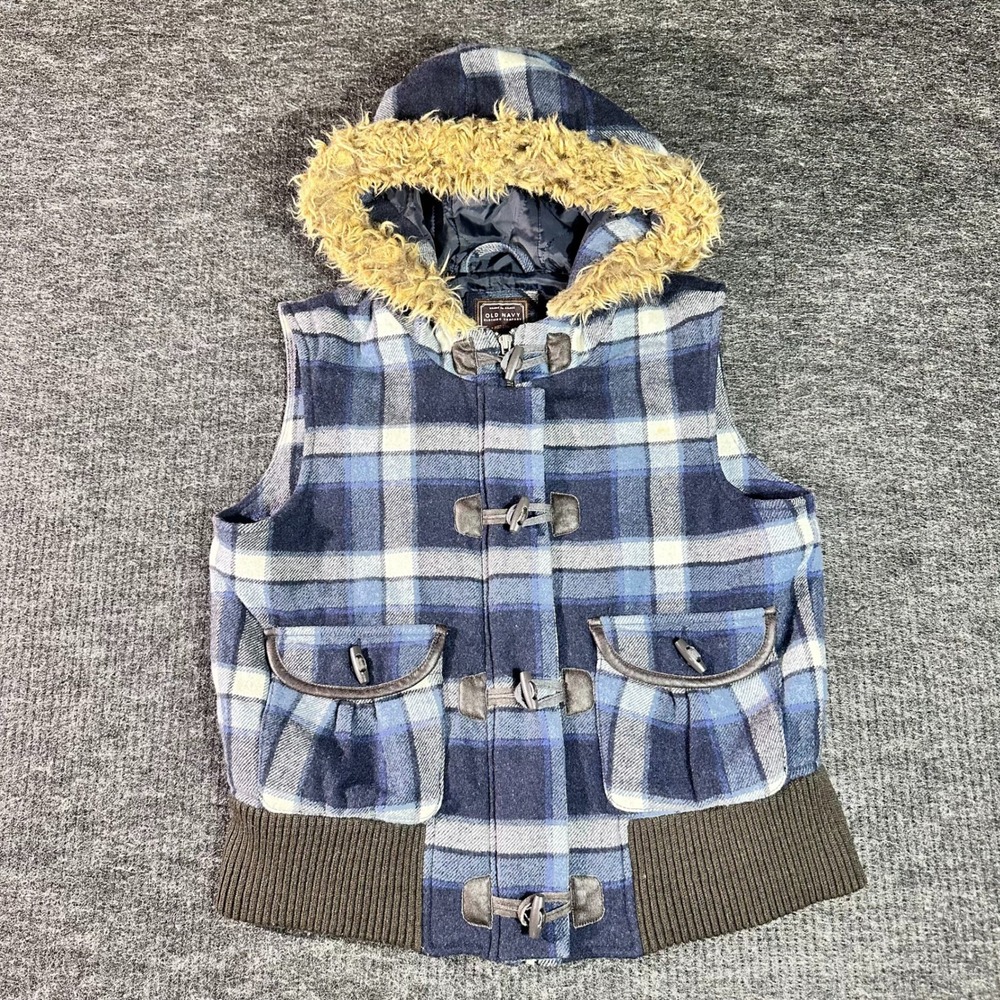 Old Navy Womens Plaid Wool Blend Hooded Toggle Vest Blue Medium (D23)